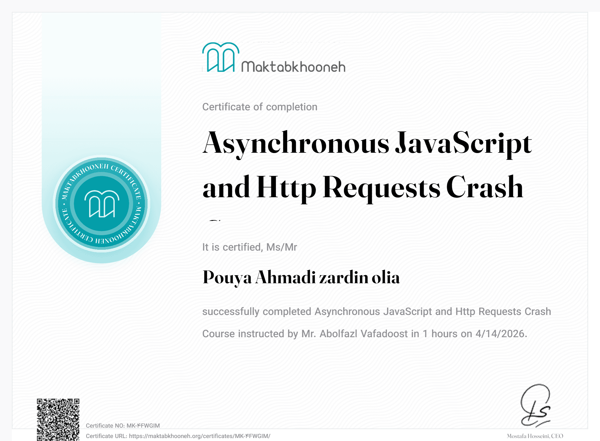 Asynchronous JavaScript and Http Requests Crash Course Certificate