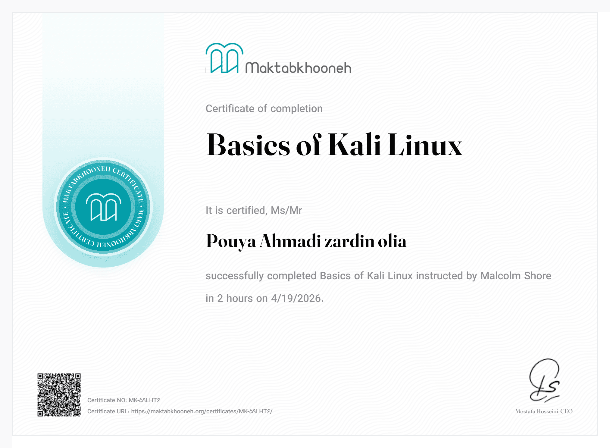 Basics of Kali Linux and Ethical Hacking Certificate