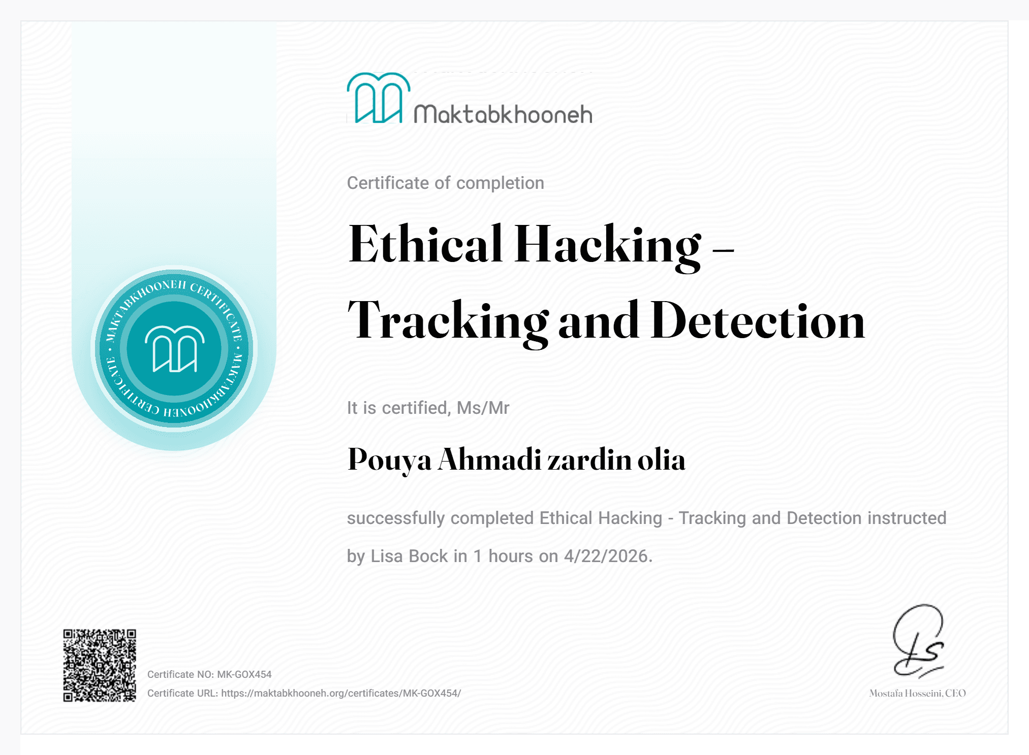 Ethical Hacking Tracking and Detection Certificate
